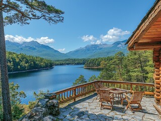 Serene mountain lake view from a wooden cabin's deck, featuring patio furniture and a stunning landscape