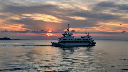 Fototapeta premium Passenger ferry navigating serene ocean, golden sunset illuminating warm hues across tranquil water, and sky during scenic maritime voyage