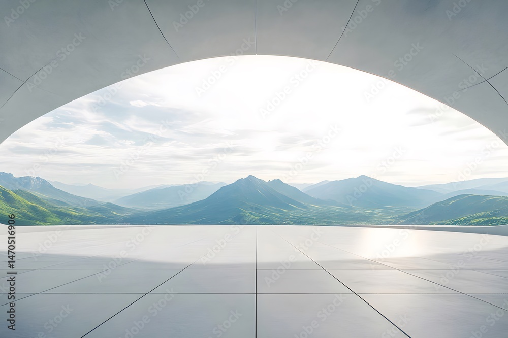 Aufkleber 建築物のアーチから見える湖と山の景色 晴れた日の穏やかな水面と緑豊かな丘陵 美しい景色の背景に平和と静けさを感じる