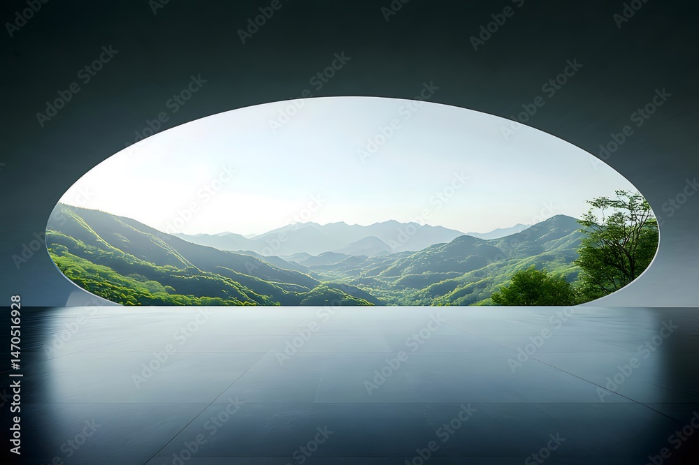 Poster 楕円形の窓から見える緑豊かな山の風景と建築的な背景 ライトブルーとグレーの色調で平和な瞬間を捉えたミニマルな構成