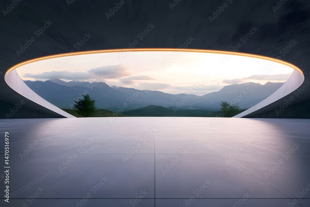 Poster 抽象的な建築の開口部からの山の風景の眺め 夕焼けの空とシルエットの山並みが穏やかな雰囲気を醸し出すコンクリート構造のフレームからのどかな景色