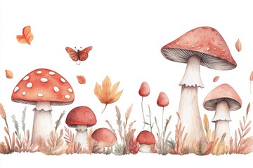 Watercolor Artwork of Various Mushrooms Against a White Background, Celebrating Nature's Fungi and Autumn's Bounty