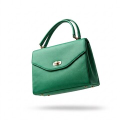 Naklejka premium An elegant green leather handbag with a top handle appears to be levitating on a white background.