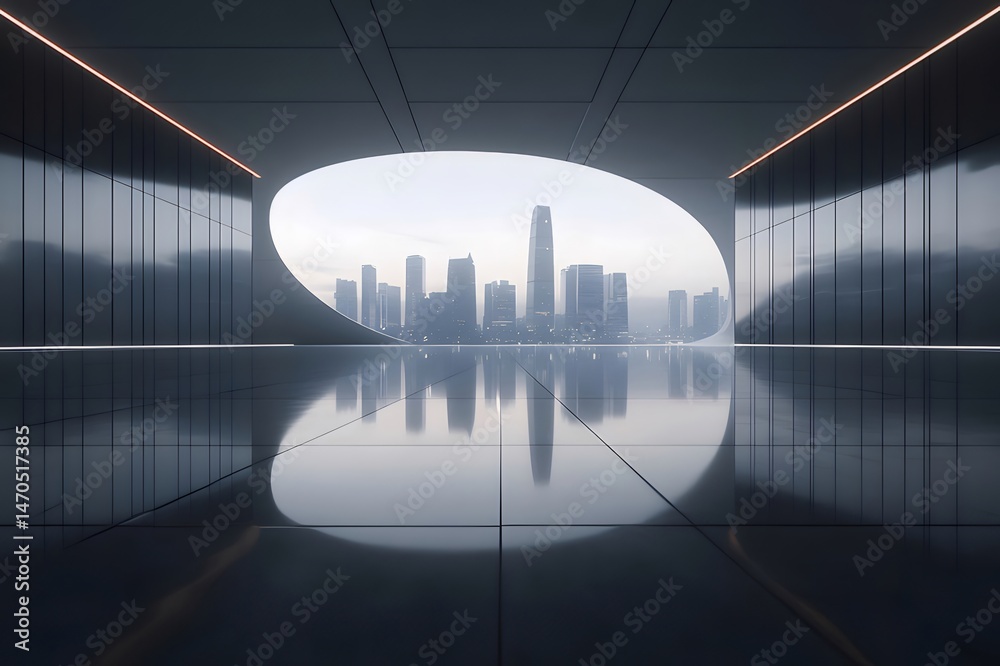 Poster 未来的な建築物と都会の景観 都市のシルエットと反射のある現代的な建物の抽象的な眺め