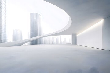 現代的な建築のインテリアと白い空間の未来的な都市景観の遠近図