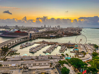 Aerial view on MIami port and observation wheel at dawn, Florida, USA