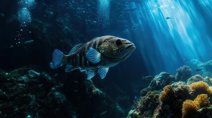 Obraz premium Bioluminescent fish swimming in a vibrant coral reef underwater scene ocean environment aquatic viewpoint