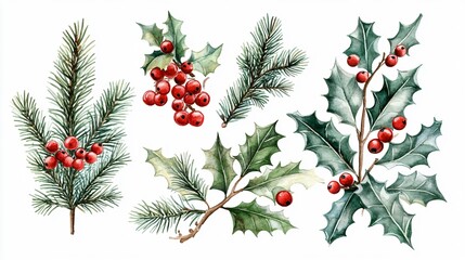Elegant Watercolor Christmas Holly Evergreen Elements for Festive Designs