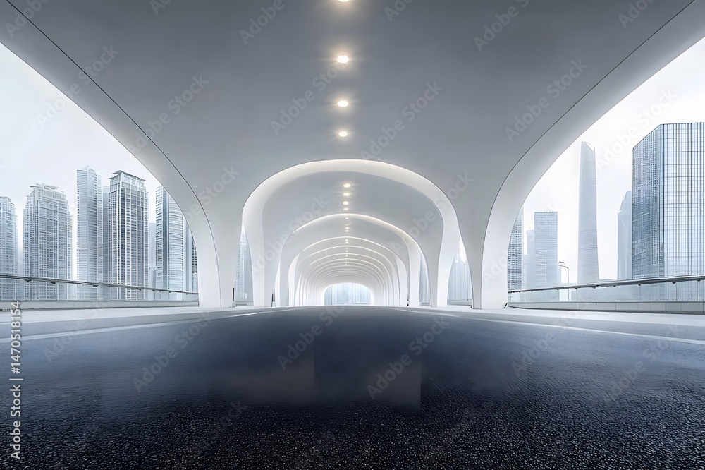 Poster アーチ型コンクリート構造の未来的な都市景観 未来的な建築と設計が特徴の都会の風景