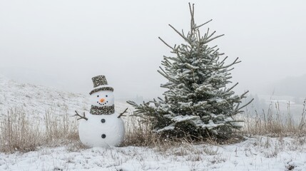 Fototapeta premium Whimsical Snowman by a Festive Christmas Tree in a Winter Wonderland Scene with Soft Snowfall