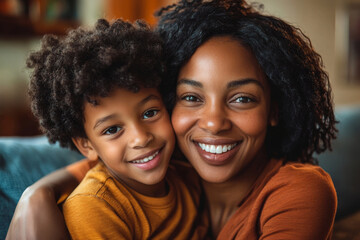 Portrait of black mother and son hugging on couch