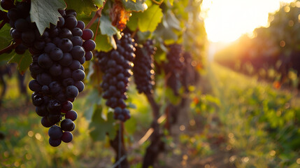 Fototapeta premium Close up of dark grapes hanging on vines in a vineyard at sunset with blurred background view of rows