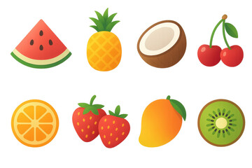 Summer fruit icons set &ndash; watermelon, pineapple, coconut, cherries, orange, strawberries, mango, kiwi. Flat icon set