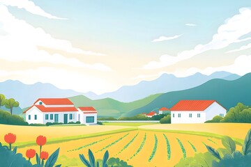 赤い屋根の家と緑の畑のある穏やかな田舎の風景 青い空と山々を背景に 晴れた日の日本の田園風景