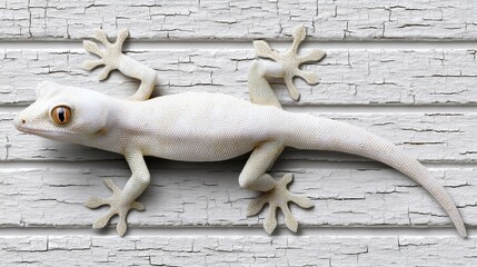 White Gecko on Weathered Wood - A close-up of a white gecko clinging to a rustic, white-painted wooden surface. The gecko's details are sharp, and the texture of the wood is visible