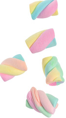 Fototapeta premium Rainbow Marshmallow Twists Gently Drifting on Transparent Background