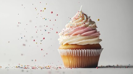 Delightful cupcake topped with creamy two-tone frosting and sprinkled with colorful sugar, set against a clean white background for an elegant and minimalistic presentation