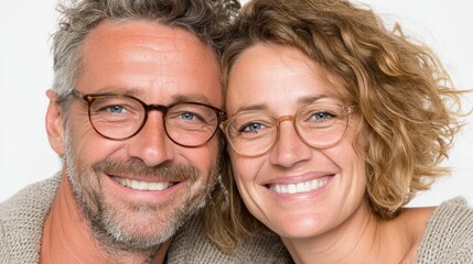 A couple smiling together, wearing glasses, isolated on a background