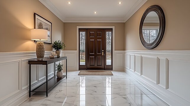 Transitional hallway featuring wood accents and contemporary furnishings high resolution photo