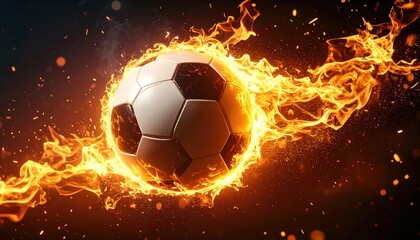 Fototapeta premium Fiery soccer ball in motion surrounded by flames and sparks