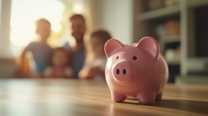 Obraz premium Pink piggy bank symbolizes family savings and financial growth on a wooden desk illuminated by soft daylight, reflecting shared values and aspirations of unity and stability