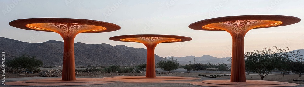 Aufkleber Three illuminated orange structures resemble stylized abstract desert trees