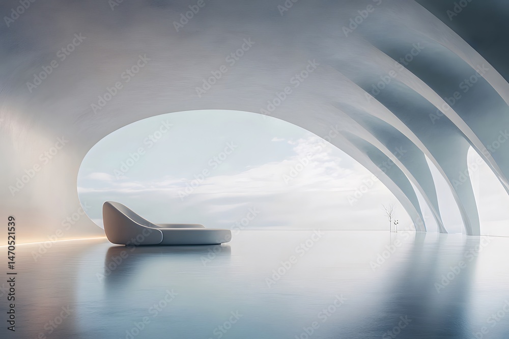 Poster 抽象的な白い建築のインテリア デザイン 空の景色と現代的なミニマルな空間 静けさを表現した未来的な構造物の背景