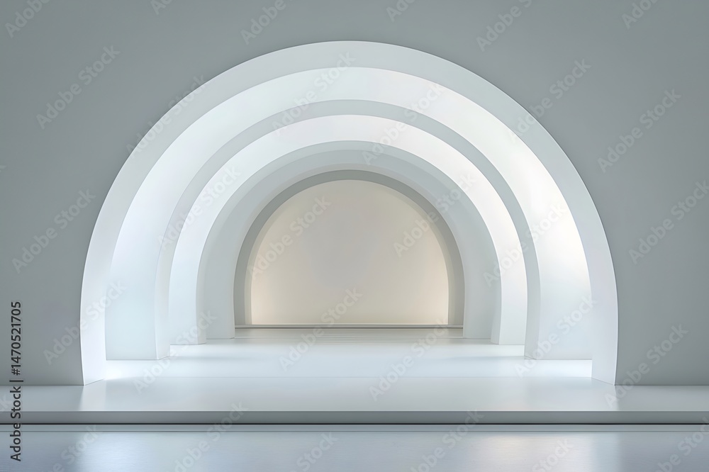 Aufkleber 白いアーチ型通路と抽象的な背景を持つミニマリストインテリアデザイン 白い壁の幾何学的なトンネル構造と現代的なスタイル
