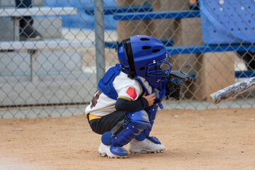 A six year old boy with catcher's protective gear crunched down during baseball game behind the home plate.