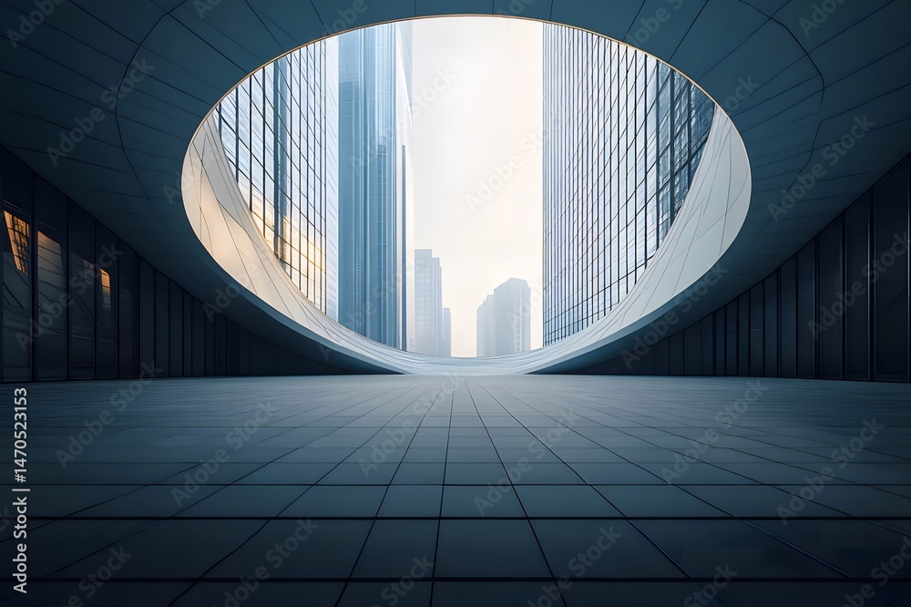Aufkleber 抽象的な青灰色都市景観 現代的な建築物 ドットパターンの壁 未来的なデザインと屋内空間の描写