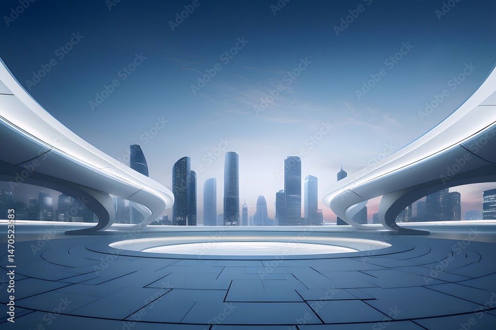 Poster 未来的建築デザインを持つ都会の夜景 未来的な橋と高層ビルが青い空の下に広がる都市景観