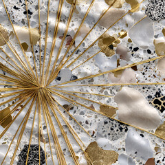 Obraz premium Terrazzo Artistry: An abstract arrangement of polished marble chips, gold elements, creating a unique pattern and design.
