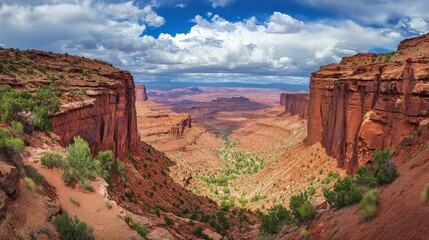 Fototapeta premium High desert canyon vista, dramatic red rock formations.