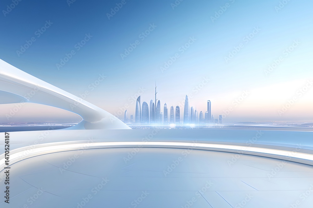 Aufkleber 近代的な都市スカイラインのアーキテクチャの高層ビルに青い空の背景 ドバイの未来的なアブストラクトデザインのビジネス建築