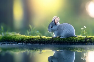 Little Bunny by the Pond - Adorable baby bunny rabbit sitting on mossy log beside a tranquil pond, sunlight reflecting in the water