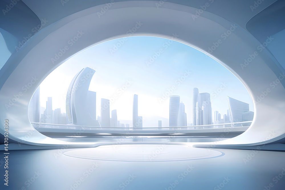 Aufkleber 未来的な白い都市の景色 アーチ型のフレームからの眺め モダンな建築デザインと幾何学的な形状の強調 現代的な構造とスカイライン