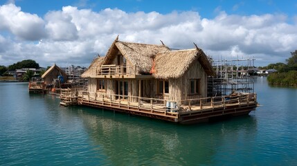 Fototapeta premium Unique floating bungalow under construction seen from water perspective showcasing innovative waterfront sustainable design features