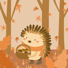 Autumn scene with hedgehog with basket with mushrooms, flat vector cartoon