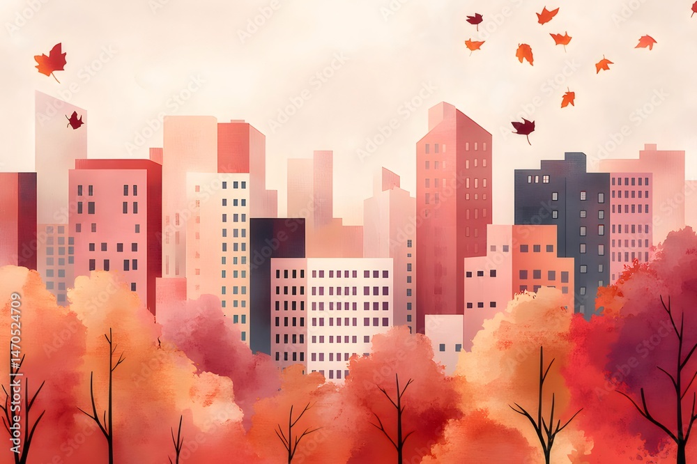 Aufkleber 紅葉の都市風景の抽象的な水彩イラスト 赤とオレンジの建物と秋の木の静かな背景を持つ現代的な街並み