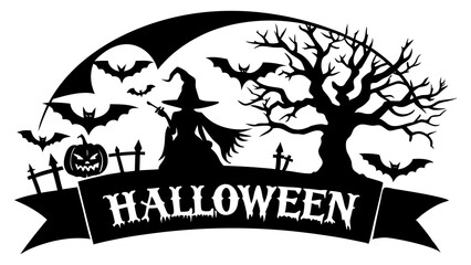 Halloween Horizontal Banner with Full Moon Witch and Bats Vector Logo on a Spooky Night Background
Halloween Banner Vector, Witch and Moon Design, Spooky Halloween Logo, Creepy Tree Bats Background