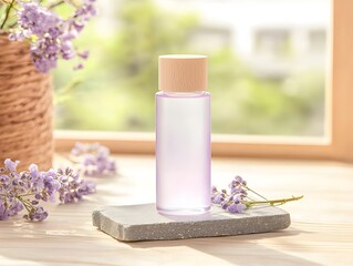 Purple Glass Cosmetic Bottle on Stone Tray with Lavender Flowers
