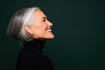Graceful Smile: A radiant senior woman with beautifully styled silver hair and an engaging smile radiates joy and confidence, captured in a photorealistic close-up portrait.