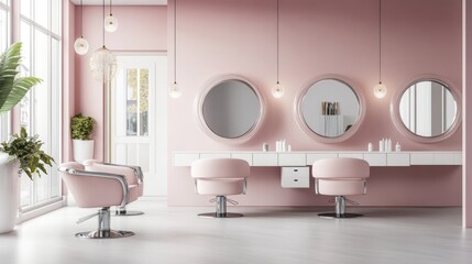 Pink Salon Interior Design: Modern Hairdressing Station with Stylish Chairs and Mirrors
