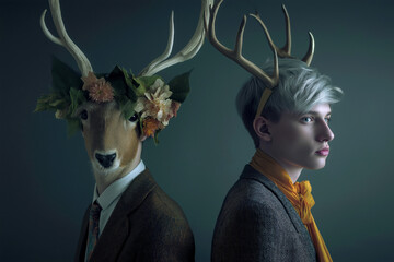 Metamorphic Identity: A surreal portrait of two figures: one a deer-headed persona adorned with floral crown and the other a human figure adorned with antlers. They are set against a dark backdrop.