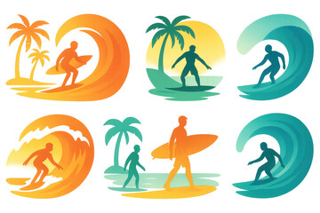 Tropical surfing silhouettes icons set &ndash; waves, surfboard, beach, sunset, palm trees. Flat icon set
