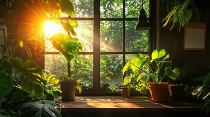Obraz premium Sunlight streams through a window onto thriving indoor houseplants