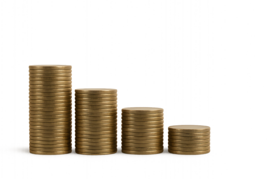 Stacked gold coins in descending height order, isolated on a transparent background, symbolizing savings, investment, income decline, or financial comparison.
