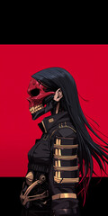 Digital Illustration of Female Figure with Red Skull Mask and Black Jacket