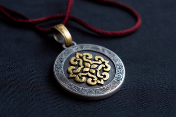 Silver and Gold Pendant with Ornate Design and Cord