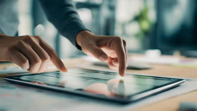 Modern Office Workspace with Hands Arranging Project Timeline on Tablet in Close Up Static Camera Shot